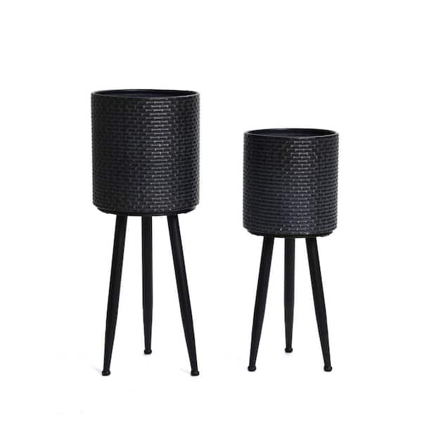 (Set of 2) 10.5 in W x 27.5 in. H Black Dimpled Metal Cachepot Decorative Pots Planters with Black Metal Legs