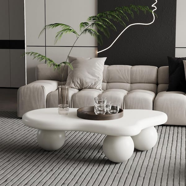 40 in. W White Cloud Specialty Shaped MDF Coffee Table with 3 Ball Legs for Living Room