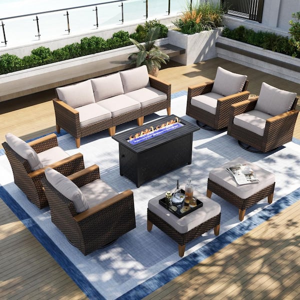 PHI VILLA Brown Rattan Wicker 9-Seat 10-Piece Steel Outdoor Fire Pit Patio Set with Beige Cushions, 4 Swivel Sofas and 2 Ottomans