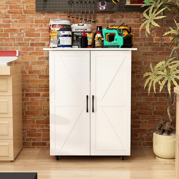 27.3 in. W x 34.4 in. H x 19 in. D Garage Cabinet Freestanding Cabinet in White With 8 Baskets and Lockable Wheels