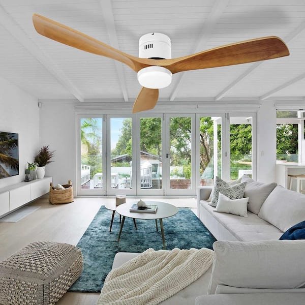 FIRHOT 52 in. Smart Indoor White Flush Mount Solid Wood Brown Blades Ceiling Fan with APP Remote 3-Color Dimmable LED Light