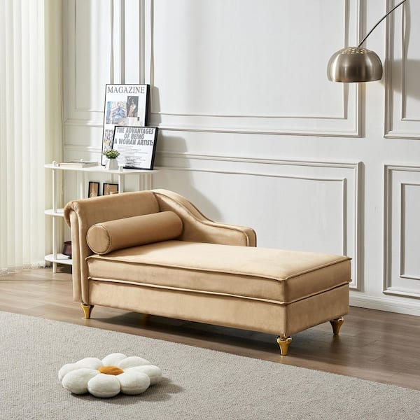 60.6 in. Khaki wood Frame Modern Velvet Bench, Chaise Lounge Chair with Hidden Storage and Gold Metal Legs
