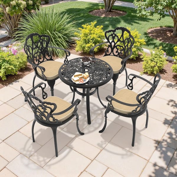 5-Piece Black Cast Aluminum Outdoor Dining Set with Off-White Cushions