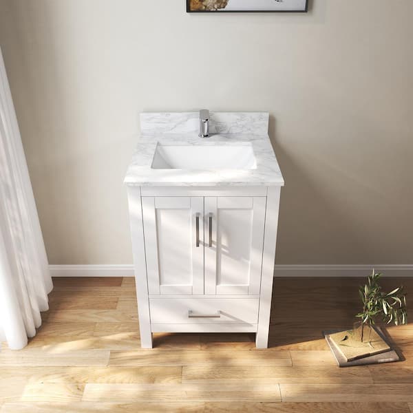 24 in. W x 22 in. D x 35 in. H Single Sink Bath Vanity Cabinet in White with Cultured Marble Top