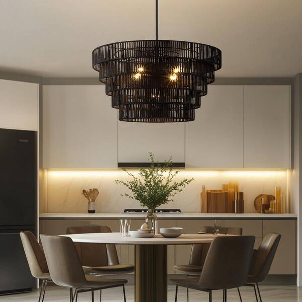 Piersan 26 in. 5-Light Black Modern Bohemian Chandelier with Tiered Rattan Shade