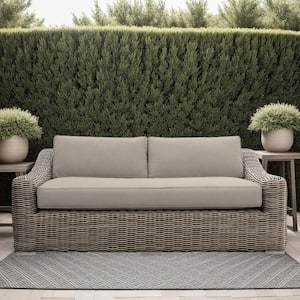 Verano Brown Wicker and Wood Outdoor Couch with Taupe Cushions