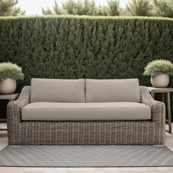Verano Brown Wicker and Wood Outdoor Couch with Taupe Cushions