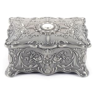4.7 in. x 7 in. Silver Metal Jewelry Box with Elaborate Carving
