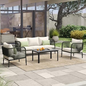 Green 4-piece Aluminum Wicker Patio Conversation Set with White Cushions and Sunbrella Pillows