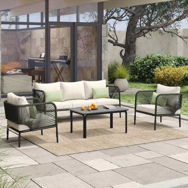 CORVUS Green 4-piece Aluminum Wicker Patio Conversation Set with White Cushions and Sunbrella Pillows