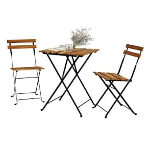 3-Piece Wood Folding Outdoor Bistro Set Patio Furniture Dining Tabel Set with Navy Cushions
