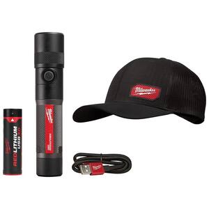 1100 Lumens LED USB Rechargeable Twist Focus Flashlight with GRIDIRON Black Adjustable Fit Trucker Hat