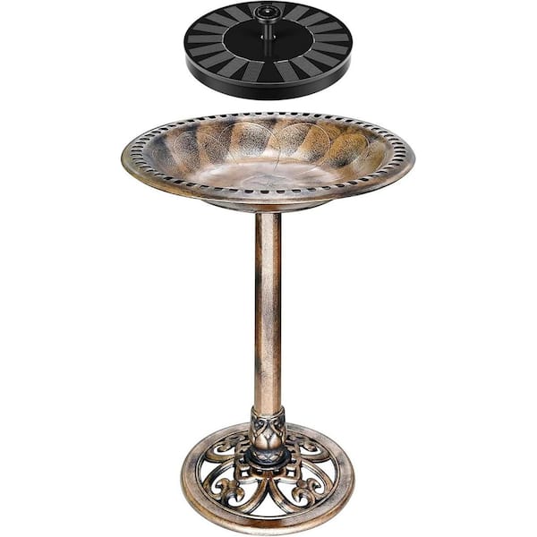 20 in. Dia Polyresin Round Golden Birdbath Bowl with Solar Powered Fountain