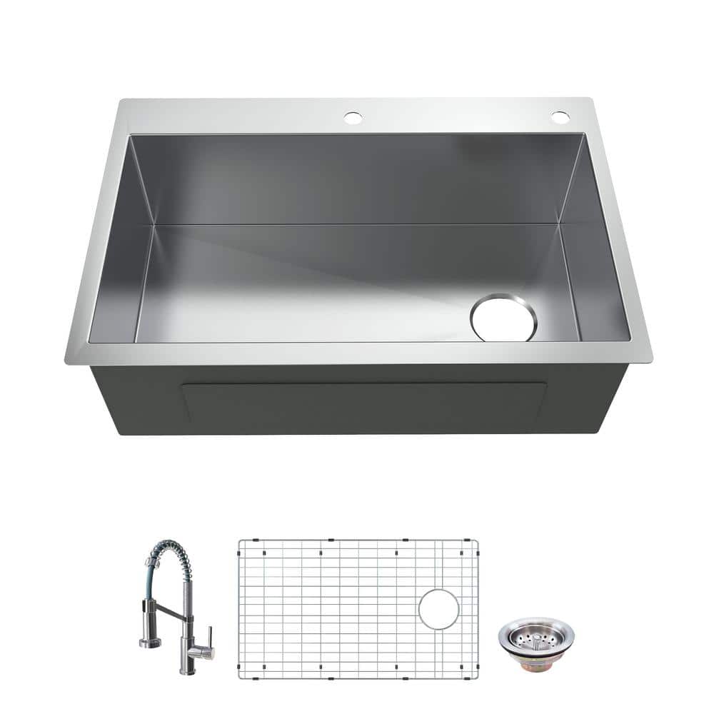Glacier Bay AIO Zero Radius Drop-In/Undermount 16G Stainless Steel 36 in. 2-Hole Single Bowl Kitchen Sink with Spring Neck Faucet, Silver