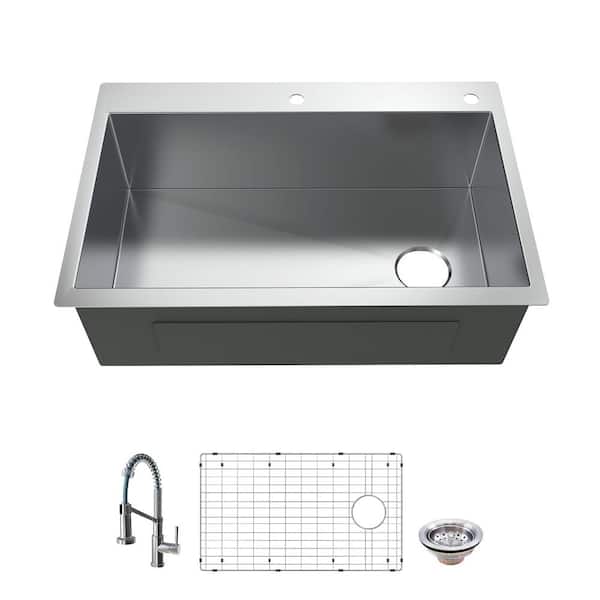 Glacier Bay Professional Zero Radius 36 in. Drop-In Single Bowl 16 Gauge Stainless Steel Kitchen Sink with Spring Neck Faucet