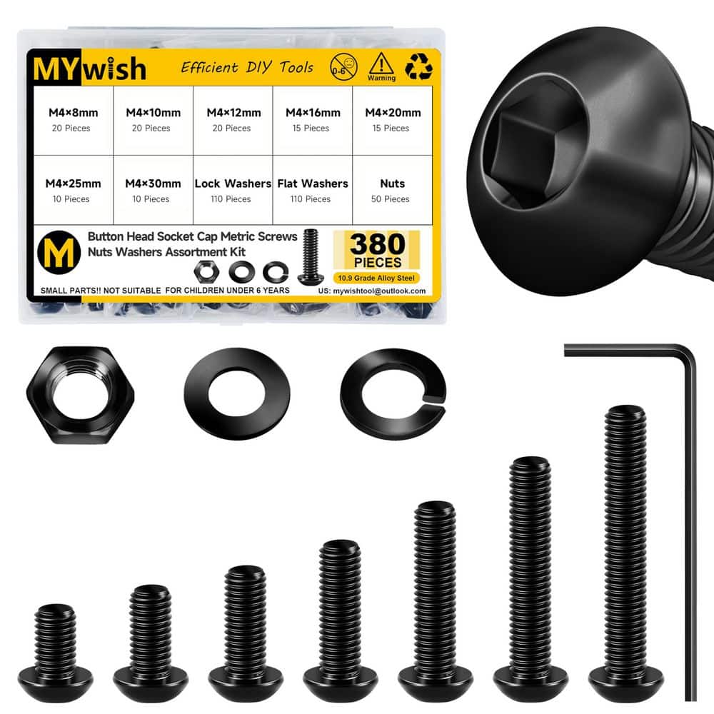 MYWISH 380-Piece M4 Black Oxide Grade 10.9 Hex Drive Button Head