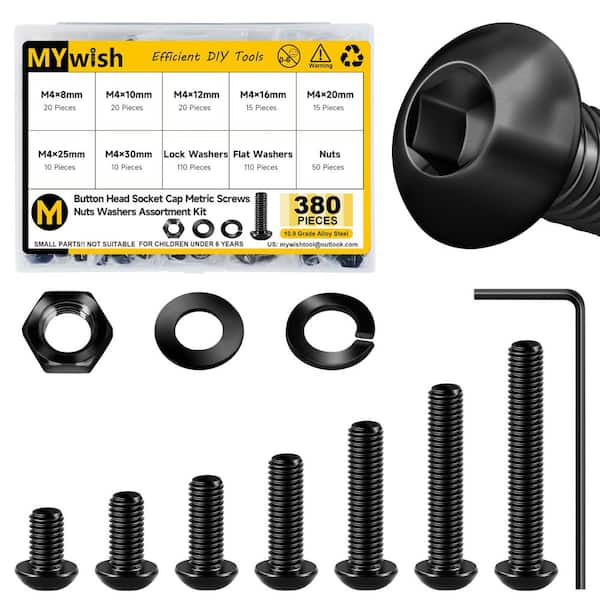 380-Piece M4 Black Oxide Grade 10.9 Hex Drive Button Head Socket Head Cap Screws Assortment Kit with Nuts and Washers