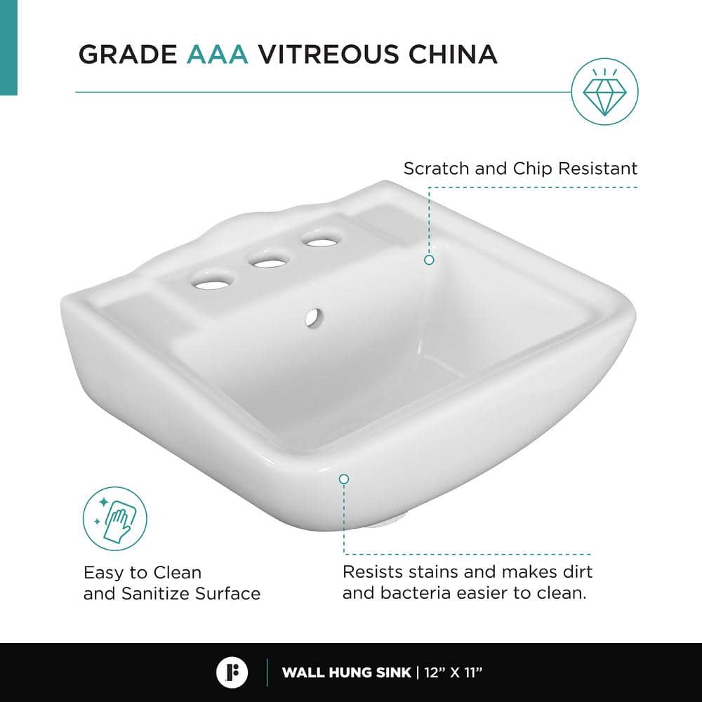 White Ceramic Wall-Mount Square Bathroom Sink with Overflow