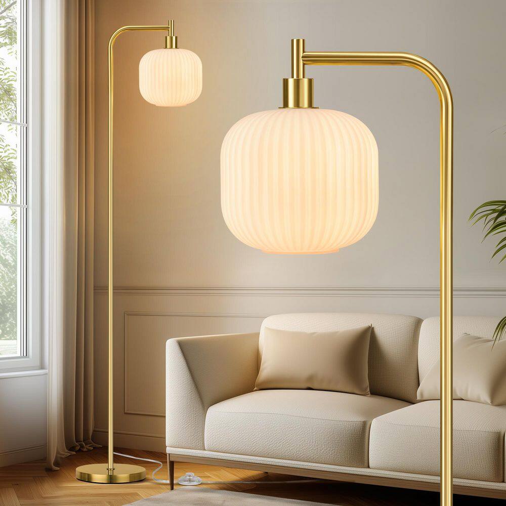 67 in. Brushed Gold Arc Floor Lamp with Cream Ribbed Glass Shade and Pedal Switch, Includes LED Bulb price history on PriceWatchPro