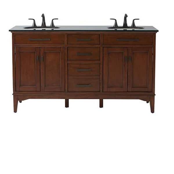 Home Decorators Collection Manor Grove 61 in. Double Vanity in Tobacco with Granite Vanity Top in Black with White Sink