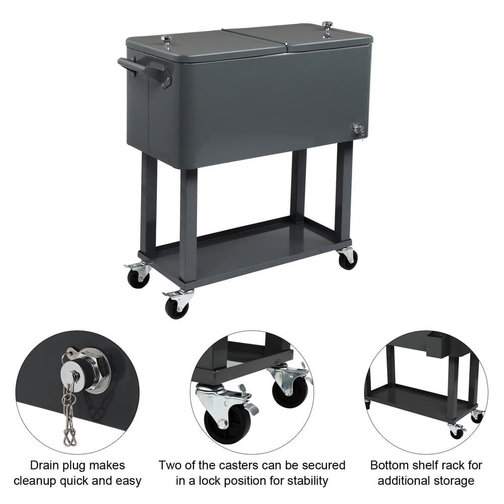 80QT Dark Grey Metal Rolling Chest Cooler with Detached Lid