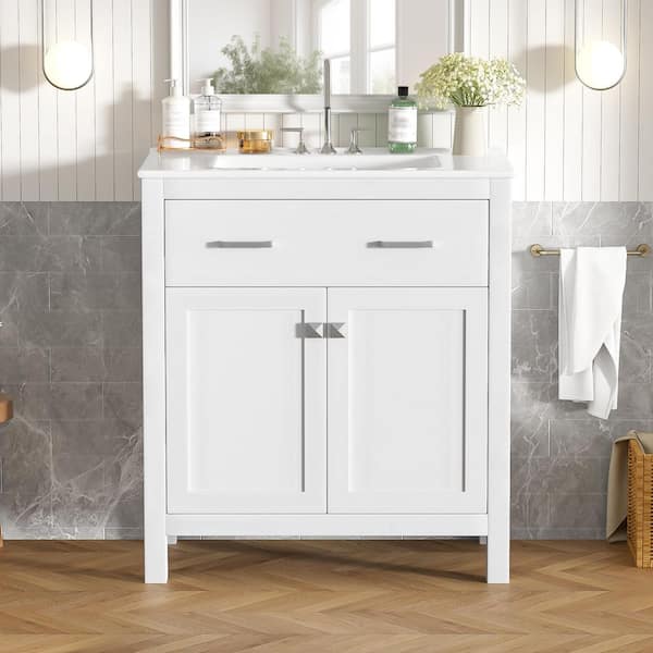 30 in. Freestanding White Bath Vanity with White Ceramic Top, 2-Doors and a Shelf, Soft Close Doors