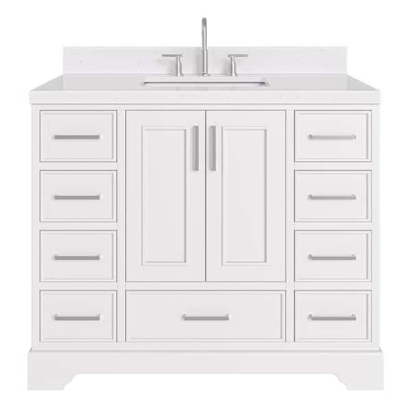 Stafford 42 in. W x 22 in. D x 36 in. H Single Sink Freestanding Bath Vanity in White with Carrara White Quartz Top
