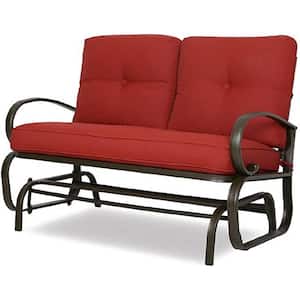 2-Person Metal Outdoor Bench with Red Cushion