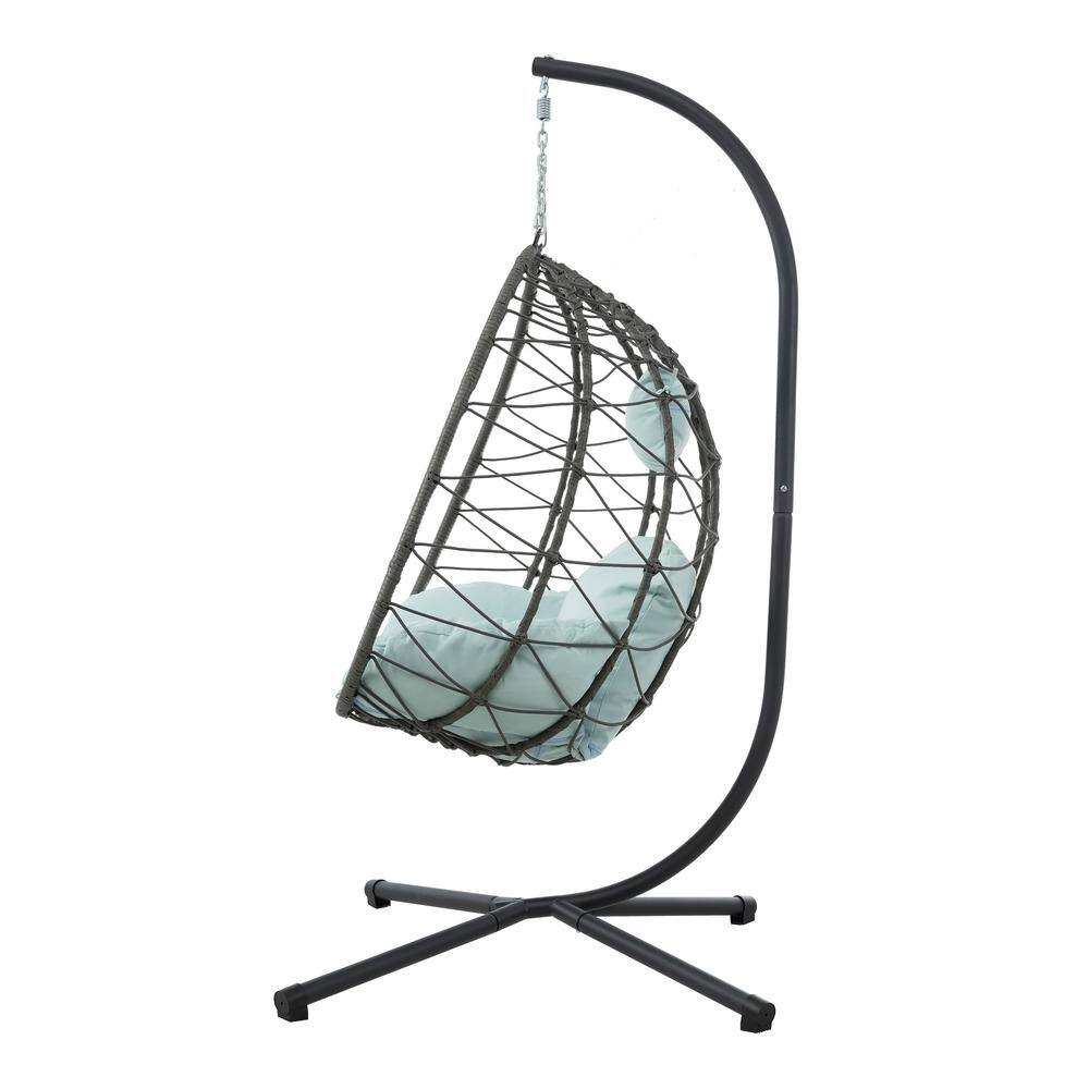 Gray Steel Outdoor Egg Chair with Light Cyan Cushions