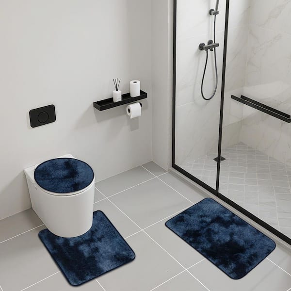 Navy Blue Bathroom Mats, 3-Pieces Polyester Bath Mats Set, PVC Anti-Slip Bathroom Mat