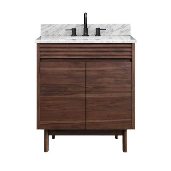 Carina 31 in. Single Sink Coffee Teak Bath Vanity with Carrara White Marble Top