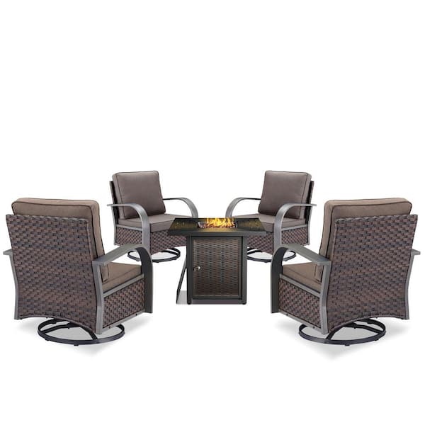 5-Piece Wicker Patio Conversation Set Rocking Swivel Chair Glide with Patio Fire Pit Table and Gray Cushions