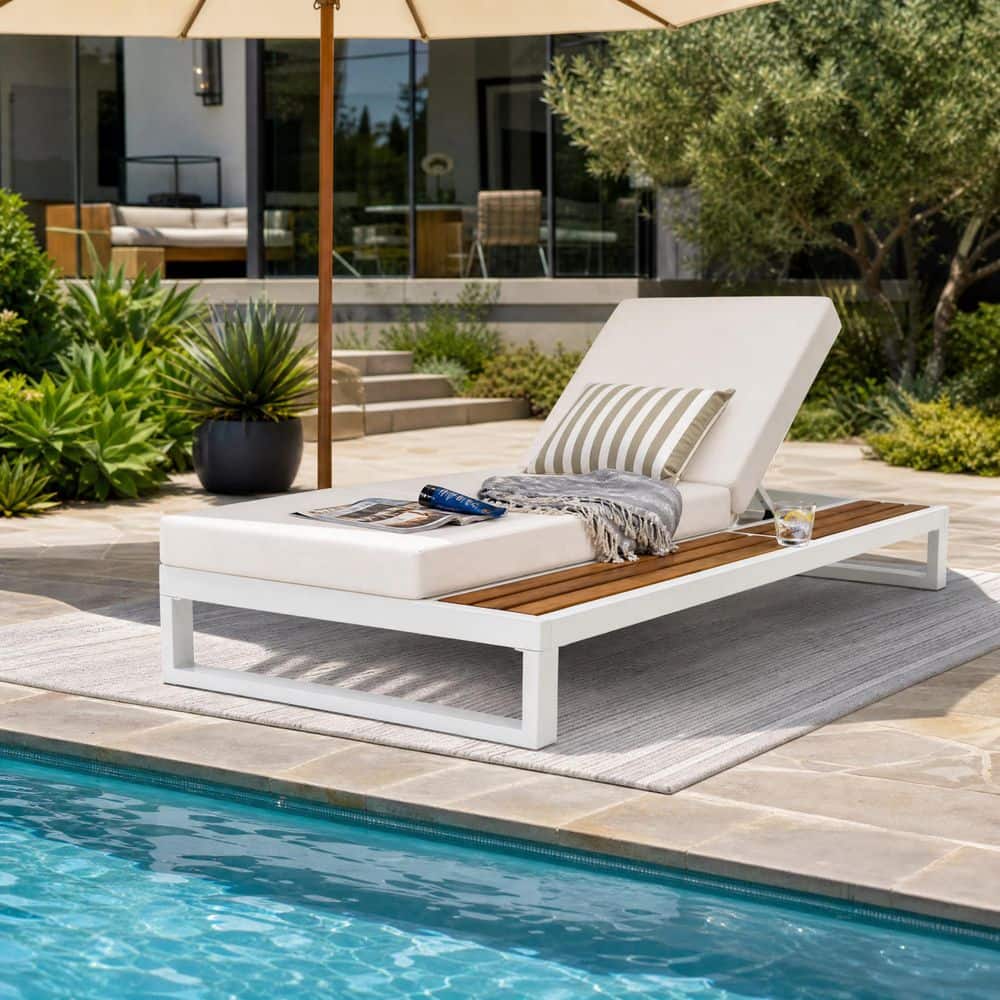 Aleva White Iron + Teak Finish Outdoor Patio Chaise Lounge with 2-Fold Cream Cushion, Adjustable Backrest price history on PriceWatchPro