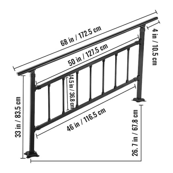 33 in. H x 68 in. W Black Wrought Iron Stair Railing Kit Outdoor Stair Railing Fits for 4 to 5 Steps Adjustable Handrail