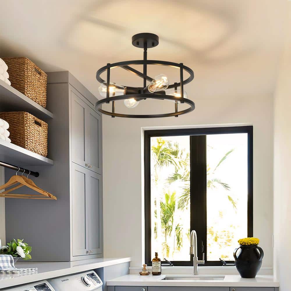 16.54'' Matte Black Metal Drum Semi-Flush Mount Ceiling Light