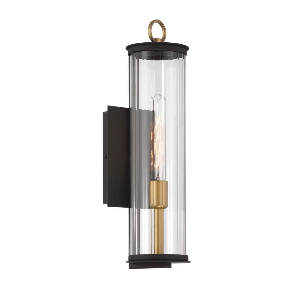 Cara 19.25 in. Matte Black and Legacy Brass Outdoor Hardwired Cylinder WallSconce with Clear Glass Shades No Bulbs Incl. price history on PriceWatchPro