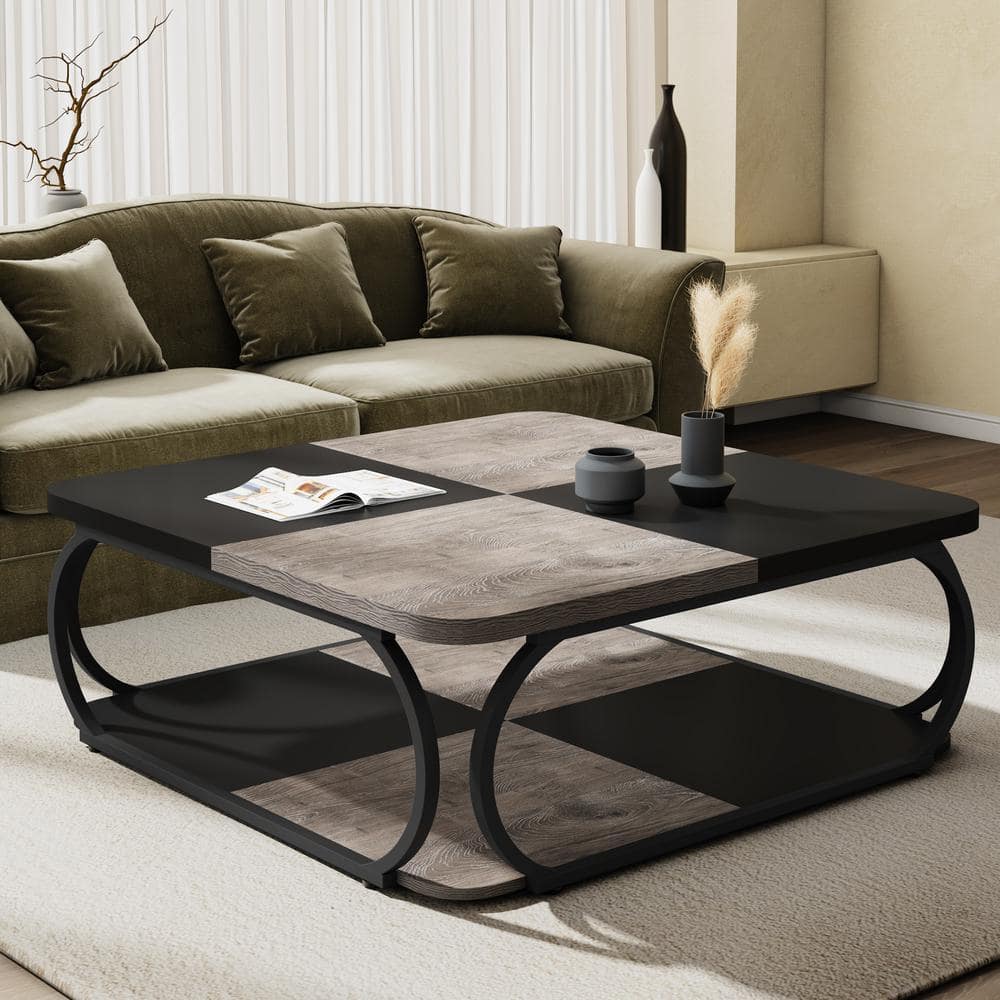 Kerlin 35in. Rustic Gray and Black Square Coffee Table Wood Vintage Coffee Table with Storage, 2-Tier