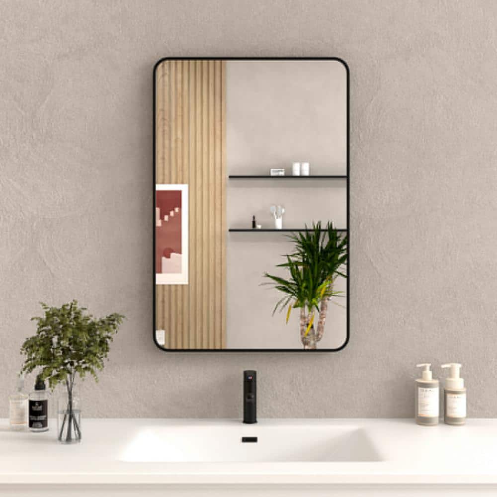 Black 24 in. W x 36 in. Modern Rectangle Metal Framed Bathroom Wall Mirror,