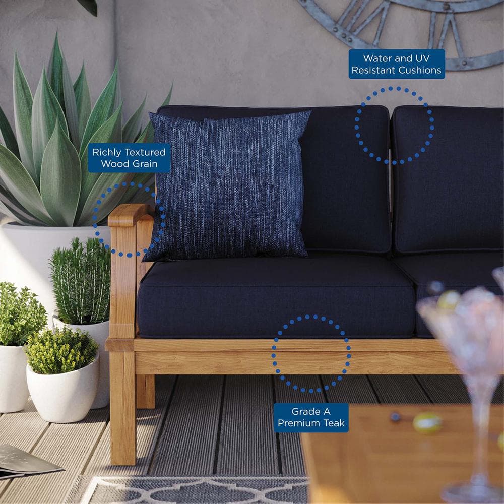 Marina Natural Teak Outdoor Sofa with Navy Cushions