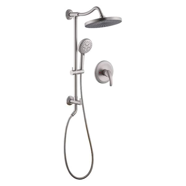 Single Handle 5-Spray Wall Mount Shower Faucet 1.8 GPM w/ Pressure Balance 10 in. Brass Shower System in Brushed Nickel