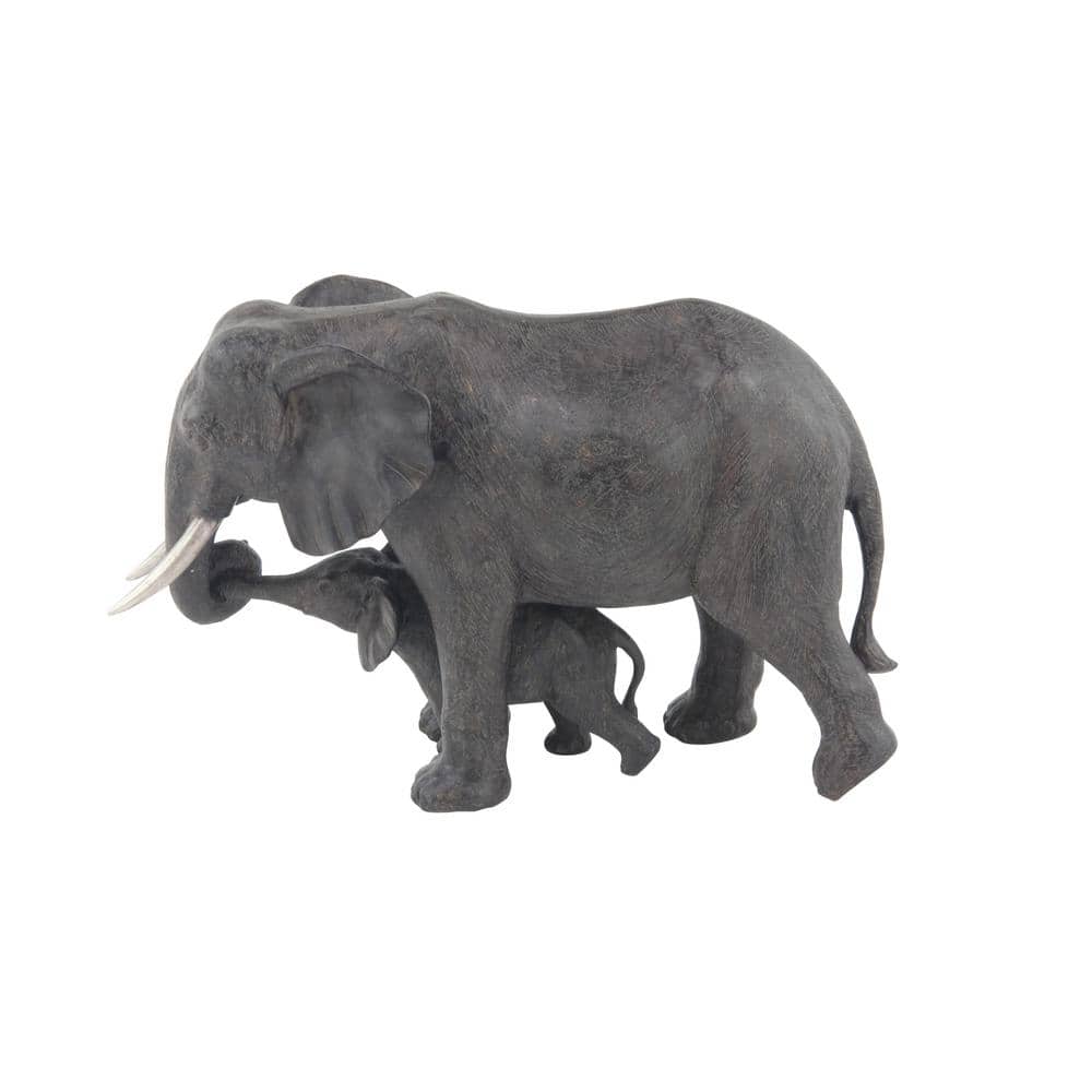 Gray Resin Elephant Mother and Calf Sculpture