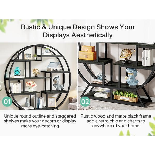 Industrial Black Round Wood Bookshelf with Staggered Shelves