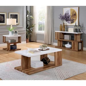 Hyatt 47.25 in. White and Natural Rectangle Composite Coffee Table Set with Shelves (3-Piece)