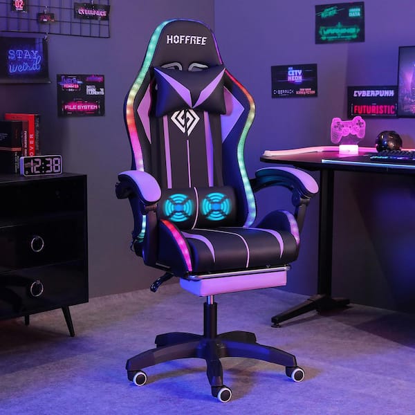 Hoffree Faux Leather Massage Reclining Ergonomic Gaming Chair in Purple/Black with LED Lights Adjustable Arms