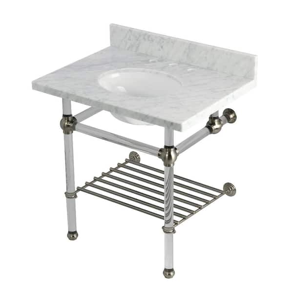 Kingston Brass Templeton 30 in. Marble Console Sink with Acrylic Legs in Carrara Marble Brushed Nickel