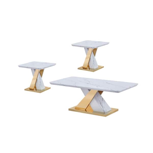 Best Quality Furniture Destiny 51" White Rectangle Faux Marble Top Coffee Table 26" Set of 2pc w/2 End.