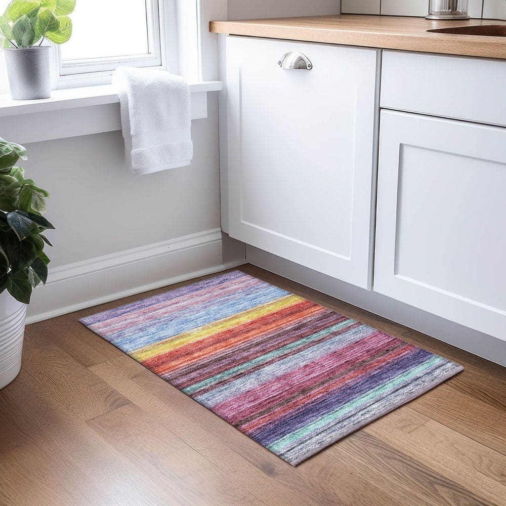 Lavender Multicolor Striped Synthetic Indoor Outdoor Rug