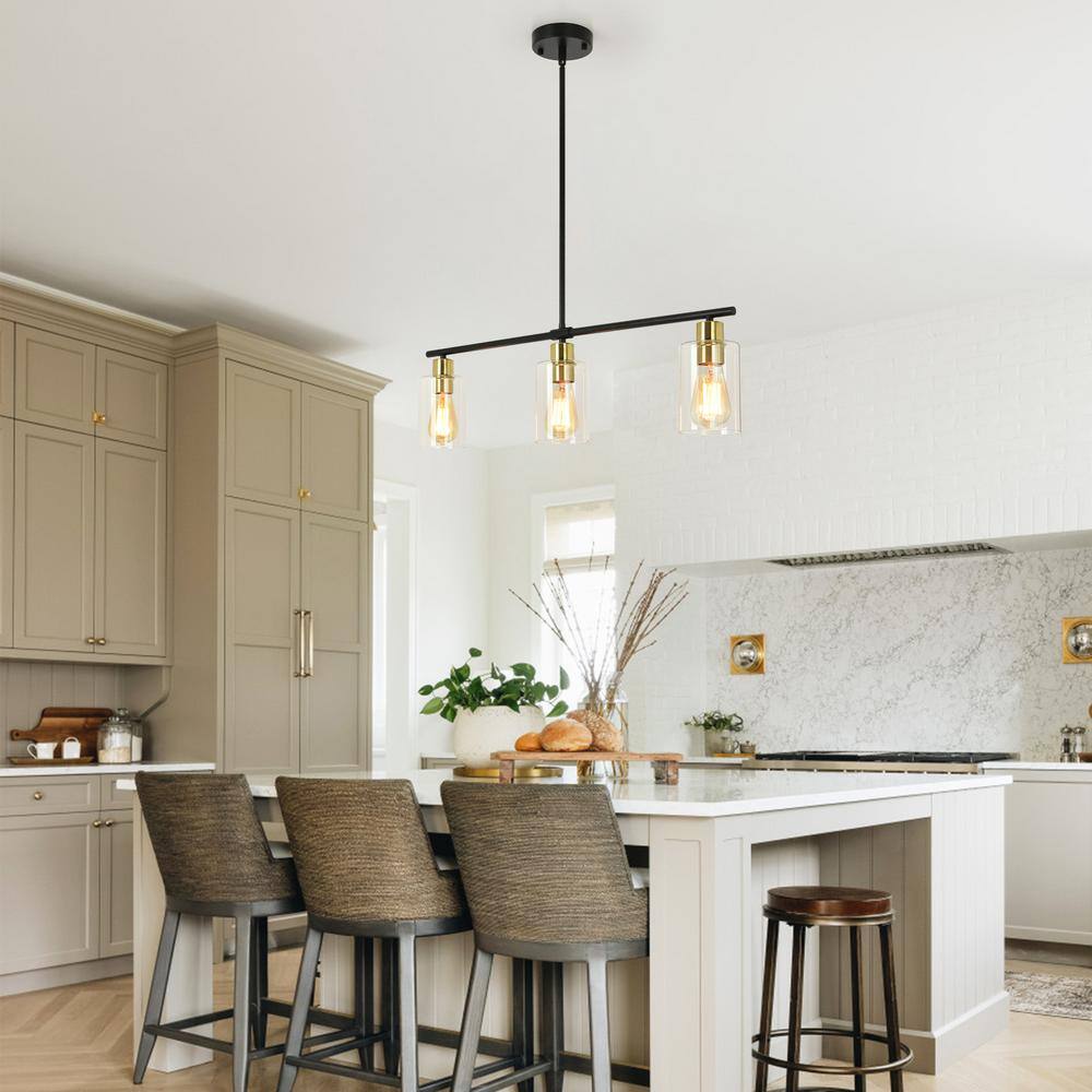 Black and Gold Linear Metal Chandelier with Clear Glass Shades