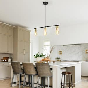 3-Light Black/Gold Industrial Linear Chandelier with Glass Shades for Kitchen Island with No Bulbs Included