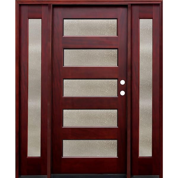 Pacific Entries 66 in. x 80 in. Contemporary 5 Lite Seedy Stained Mahogany Wood Prehung Front Door with 12 in. Sidelites